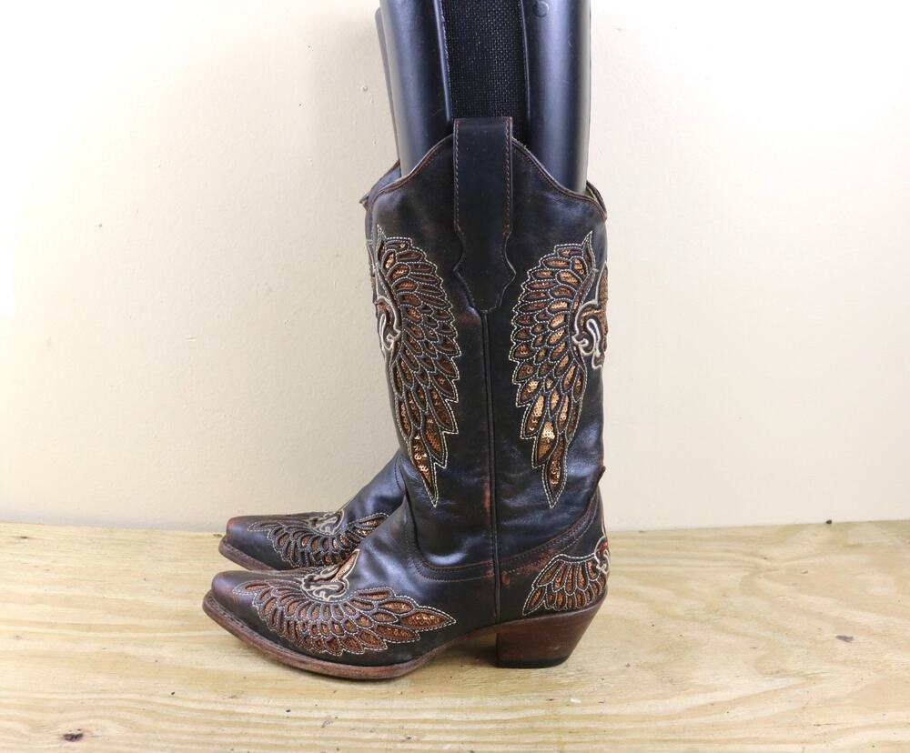 Corral Boots 7.5M Brown Sequin FLEUR DE LIS Wings Western Boho Whimsicore